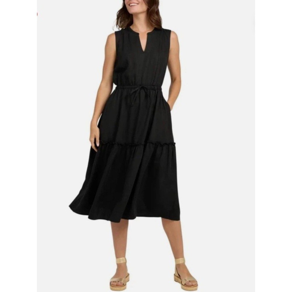 LANDS' END Sleeveless Tiered Midi Dress Size L Black Elastic Waist 2 Pockets NWT